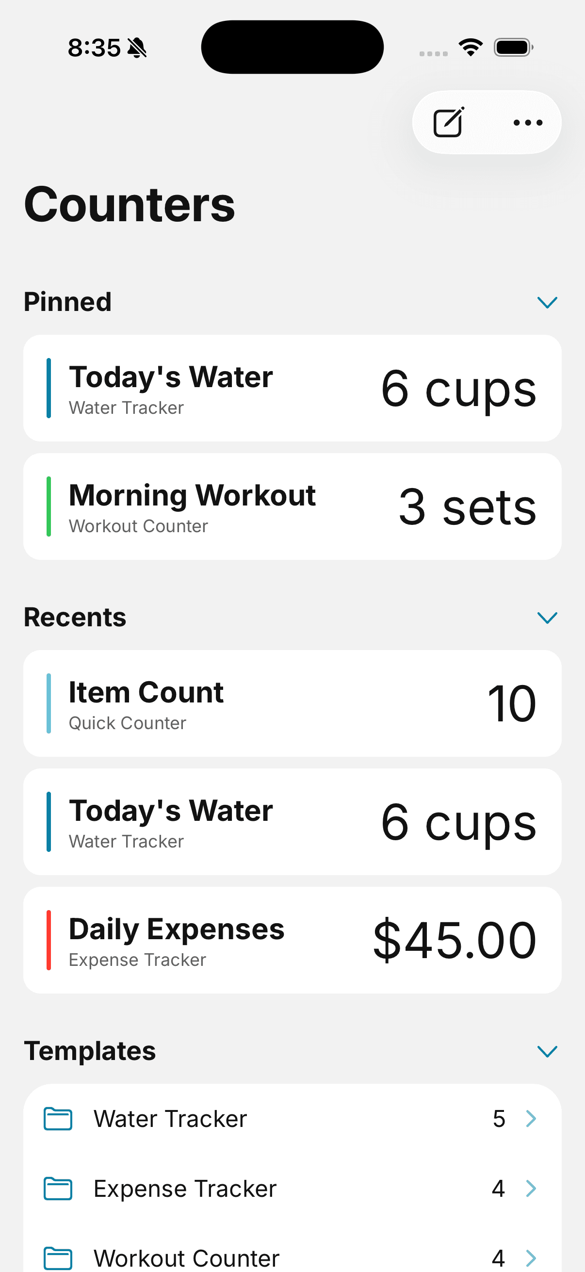 Tally Counter Plus home screen showing pinned counters and templates